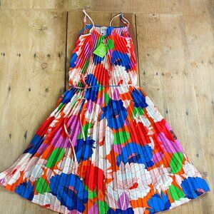 NWT Sam Edelman Retro Multicolor Floral Plisse Sleeveless Midi Dress L‎